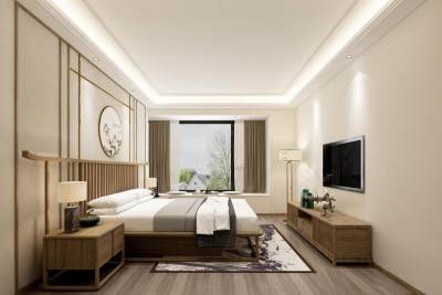 新中式卧室 床具 双人床 背景墙 吊灯 电视柜